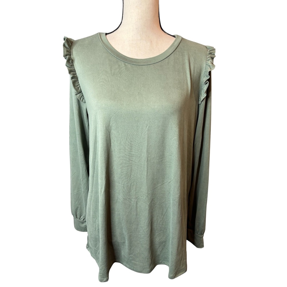 Jodifl Womens Olive Green Ruffle Shoulder Long Sleeve Top Size M